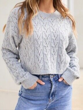 Pink Lily - Light Gray Openwork Cable Knit Crewneck Sweater